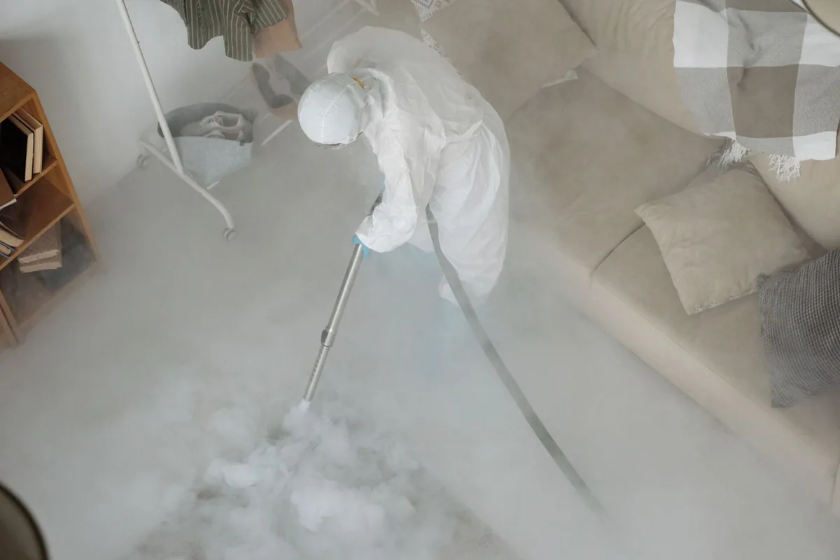 Biohazard cleanup technician in protective equipment, Englewood, Jacksonville, FL